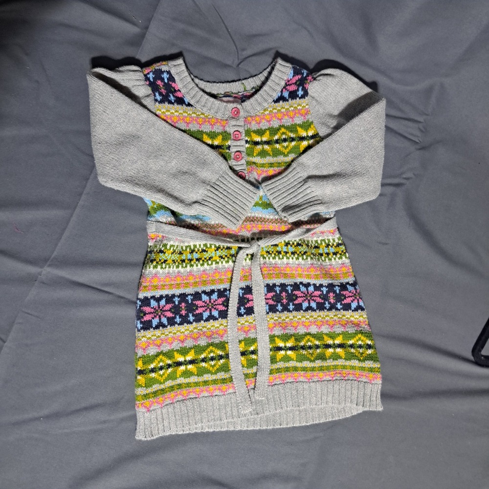 Old Navy 2T‎ Fair Isle Gray Sweater Dress Belt Holiday Classic 100% Cotton